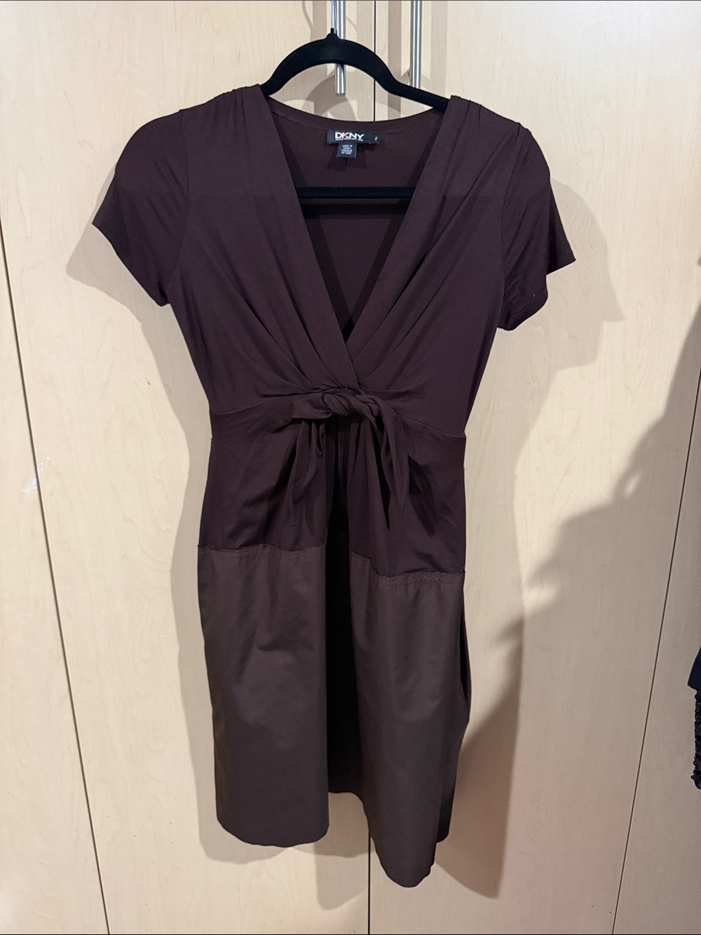 DKNY Dark Brown Knot-Front Short Sleeve Dress